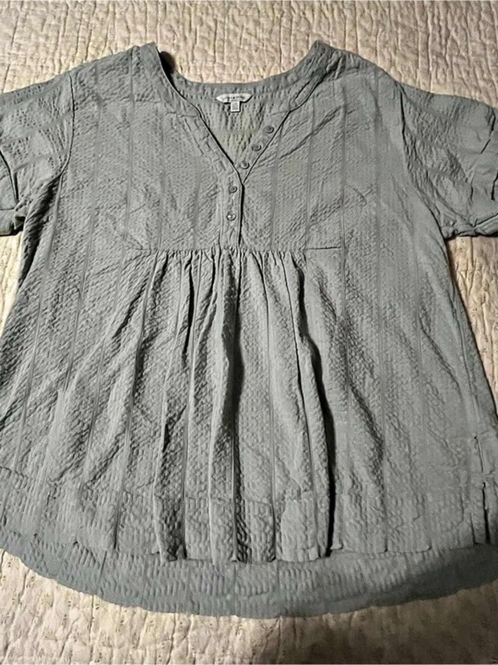 Lucky Brand Short Sleeve Open Neck Shirt Blouse in Green Size Large